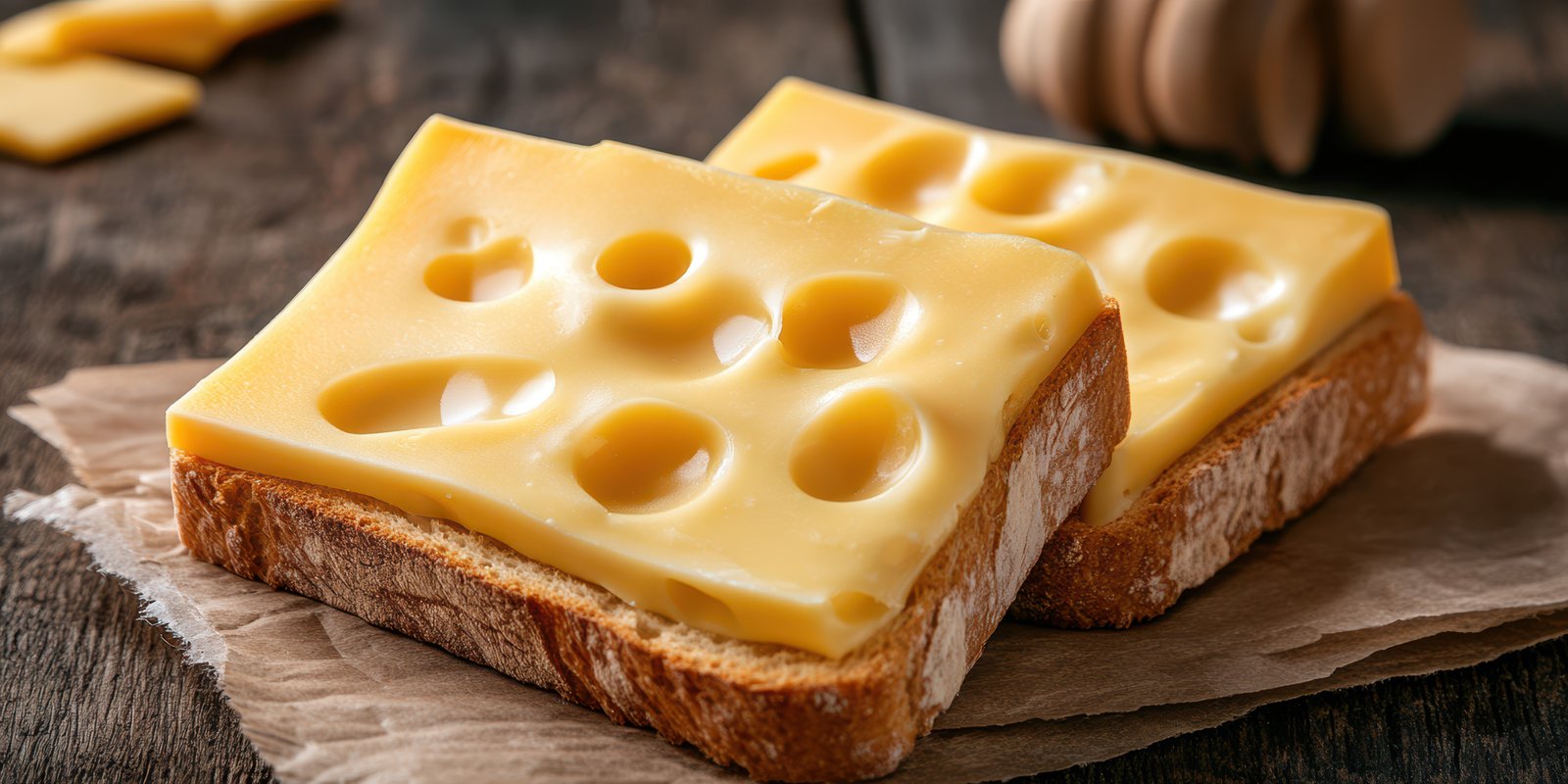 Delicious cheese slices melting over toasted bread on a rustic wooden table